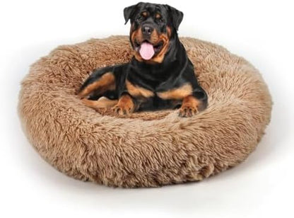 Dog Bed, Cat Calming Bed, Faux Fur Pillow Pet Donut Cuddler Round Plush Bed for Large Medium Small Dogs and Cats (Camel, 44.0" L x 44.0" W x 7.0" Th)