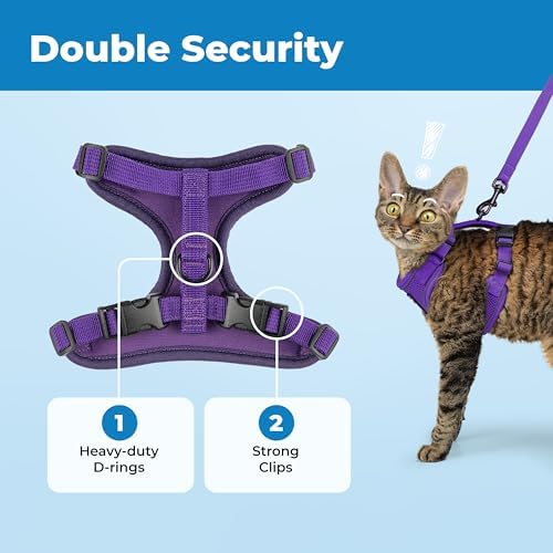 Voyager Escape-Proof Step-in Lock Cat Harness & 5ft Neoprene-Handle Leash Set All-Weather Mesh with Reflective Stitching for Small to Large Cats by Best Pet Supplies, Purple (327), S