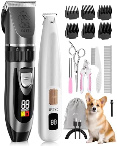 iBTC Dog Clippers and Paw Trimmer Kit 2 in 1 Low Noise Cordless Dog Clippers for Grooming Pet Hair Trimmers for Small and Large Dogs Cats Animals(Grey and White Set)