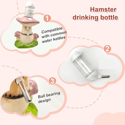 Mushroom Ceramic Hamster Hideout, Water Bottle with Stand, Food Bowl, Hamster Accessories (Pink)