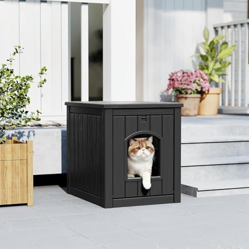 Litter Box Enclosure, Waterproof & Weatherproof Plastic Cat House for Indoor Outdoor Use, Multi-Functional Hidden Litter Box Furniture for Living Room, Backyard, Patio, Garage (Black)