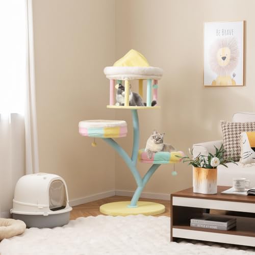 Tangkula Tall Cat Tree, 57.5 Inch Amusement Park Style Cute Cat Tower with Top Open Condo, 2 Perches, Scratching Posts & Dangling Balls, Aesthetic Cat Tree Tower for Indoor Cats Large Adult