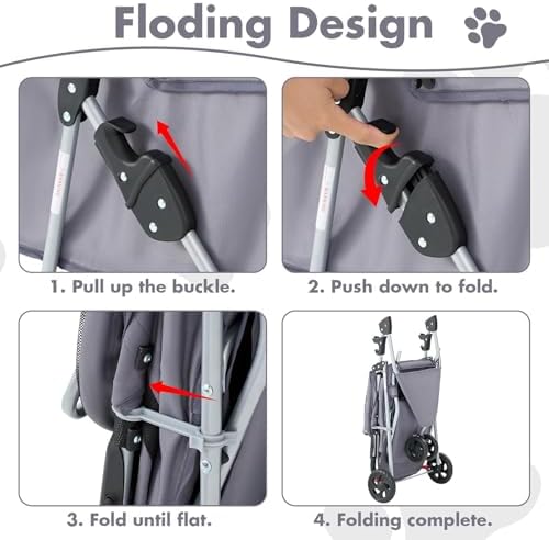 3 Wheels Pet Stroller,Storage Basket and Cup Holder, Breathable Mesh, Waterproof and Foldable for Small/Medium Dogs and Cats Strollers, Lightweight Travel Carrier for Daily Walks & Outdoor，Grey