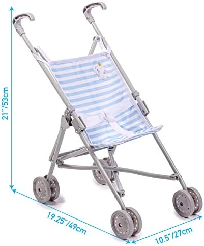 JC Toys Boutique | Folding Umbrella Doll Stroller for Children 2 Years Plus, Blue Stripes and Soft Embroidery | Sturdy Metal Frame | Pretend Play with Dolls up to 18” Long | Seat Belt