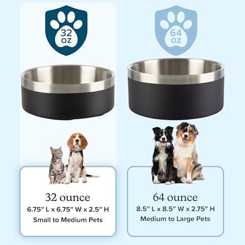 Set of 2 Stainless Steel Dog Bowls - 32oz/4 Cups Double Wall Insulated Food and Water Bowls for Dogs and Cats, Non Slip Metal Pet Dishes for Small-Medium Pets, Puppy Essentials by PETMAKER (Black)