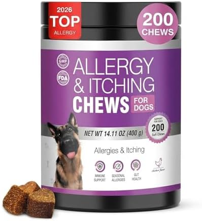 Dog Allergy Relief Chews for Itchy Skin – Anti Itch & Immune Support Supplement for Dogs, with Salmon Oil, Probiotics & Colostrum, Skin & Coat Health, Reduce Paw Licking, 200 Soft Chews