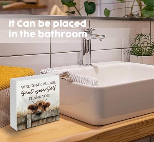 Highland Cow Bathroom Decor Sign - Farmhouse Western Animal Bathroom Decor,Rustic Farm Animal Welcome Please Seat Yourself Thank You Signs,Highland Cow Gifts for Women Signs & Plaques