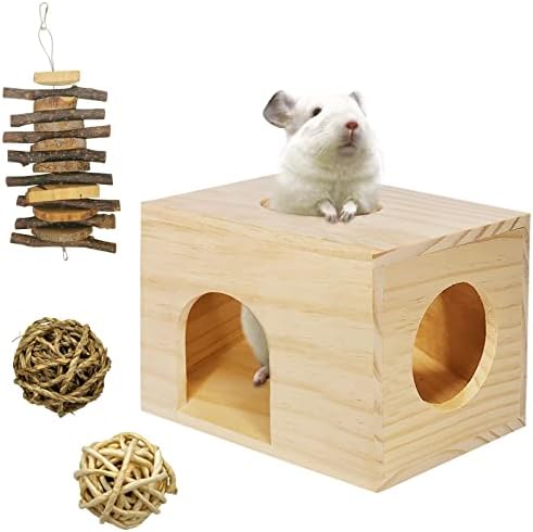 Fhiny Guinea Pigs Wood House Chinchilla Hut Hideout Natural Wood Multiple Doors Small Animal Chewing Molar Activity Toys Hamsters Habitat Cage for Hedgehog Squirrel Sugar Gliders