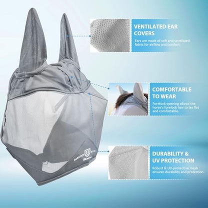 Harrison Howard UV-Proof Multi-Function Fabrics Thick Fleece Padding Horse Fly Mask Half Face with Ears Original Grey Warmblood Extra Large