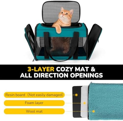 Hipubby Cat Carrier Dog Carrier for Pets Up to 16 Lbs, Soft-Sided Pet Travel Carrier for Cats and Small Dogs, Airline Approved Pet Carrying Case with Shoulder Strap & Removable Mat - Blue