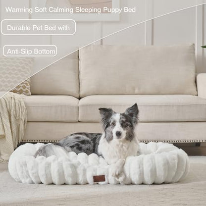 Luxury Dog Beds,Large Sized Dog Washable Furry Pet Beds,Comfort Rectangle Pet Sofa Couch with Ultra,Puppy Beds with Removable Zipper Cover,30x25x7.5inches,Beige