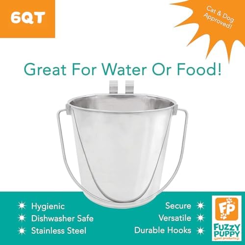 Flat Sided Pail with Dual Hooks, Snugly Fit On Dog, Cat and Critter Crates & Cages, Heavy Duty Stainless Steel | 6 Quart (PN: FSP-6)