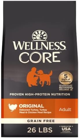 Wellness CORE Adult Dry Dog Food, Grain Free Kibble, Natural, High Protein, Turkey and Chicken Recipe, 26 lb Bag