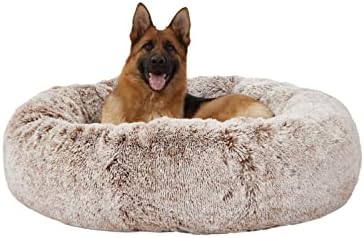 Bedfolks Calming Fluffy Donut Dog Bed for Extra Large Dogs,Brown, 45" Round