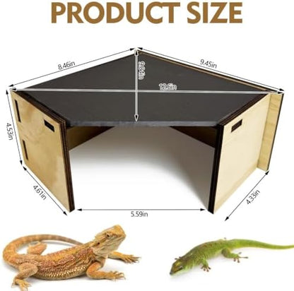PINVNBY Large Bearded Dragon Basking Platform Wooden Snake Hide Ball Pythons Hide with Slate Rock Leopard Gecko Tank Accessories for Crested Gecko Chameleon(Triangle: 12.6 x 9.84 x 4.53 inches)