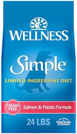 Wellness Simple Limited Ingredient Adult Dry Dog Food, Grain Free Kibble, Sensitive Stomach, Skin & Coat Support, Natural, Chicken Free, Salmon and Potato Recipe, 24 lb Bag