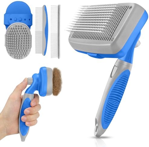 Self Cleaning Shedding Brush - 5-in-1 Professional Pet Grooming Kit Skin Friendly Grooming Tool for Dogs, Cats, and Puppies, Deshedding and Hair Removal for Long and Short Haired Pets（Blue-Grey）