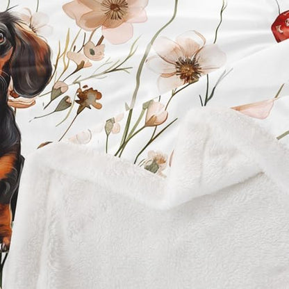 Erosebridal Kids Dachshund Blankets and Throws 60"x80",Mushroom Dachshund Blanket Throw for Girls Women,Kawaii Puppy Dog Fleece Blanket Farmhouse Rustic Floral Sherpa Blanket for Bedroom Decor