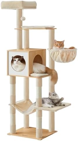 Feandrea Cat Tree, 65-Inch Tall Cat Tower, Multi-Level Condo with Cave