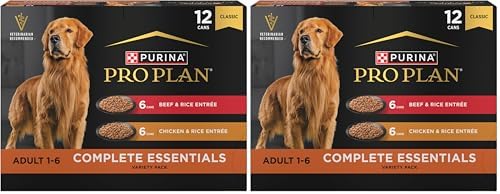 Purina Pro Plan Complete Essentials Wet Dog Food Chicken and Rice Entree and Beef-and Rice Entree Variety Pack - 13 oz. Cans,(Pack of 24)