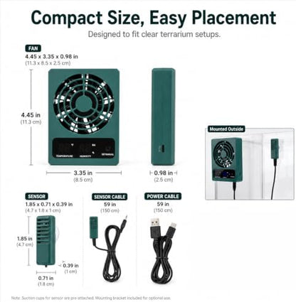 Reptile Ventilation Fan, Auto Temperature/Thermometer Control LED Digital Humidity Gauge, °C/°F Switchable Dehumidifier for Reptile Tank, Rainforest, Ecological Pet Rearing Box