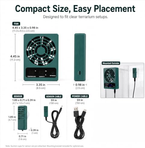 Reptile Ventilation Fan, Auto Temperature/Thermometer Control LED Digital Humidity Gauge, °C/°F Switchable Dehumidifier for Reptile Tank, Rainforest, Ecological Pet Rearing Box
