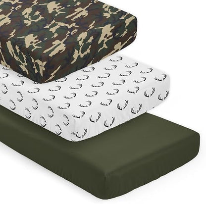 Sweet Jojo Designs 3-Piece Baby Crib Sheets Set (Woodland Camo Deer) for Boys, Infant Nursery, Toddler Room - Fitted, Standard Size (Solid Green, White/Black Antler & Forest, Rustic Beige/Black Plaid)