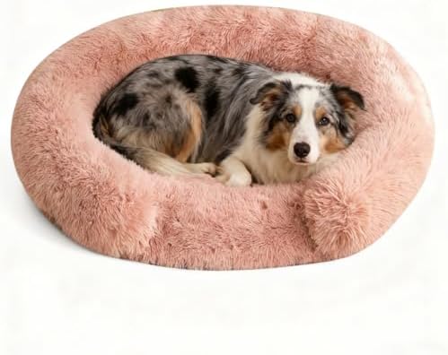 Calming Dog & Cat Beds with Orthopedic Egg-Crate Foam Raised Rim, Soft Long Plush Pet Sofa Couch Bed for Medium Dogs, Anxiety Relief Spine Support, Machine Washable (Round, Blush Pink 28")