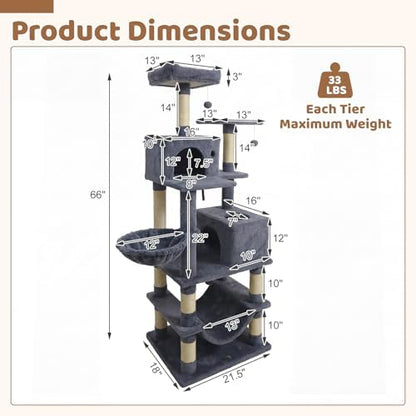 DORTALA Cat Tree for Indoor Cats, 66" Tall Cat Tower with 2 Condos, Sisal Scratching Posts, Plush Perch, Hammock, Dangling Balls, Multi-Level Pet Climbing Furniture Activity Center (Dark Gray)