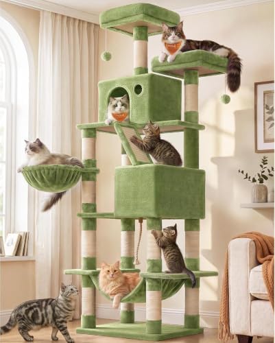 Feandrea Cat Tree, 81.1-Inch Large Cat Tower, Multi-Level Condo, Green