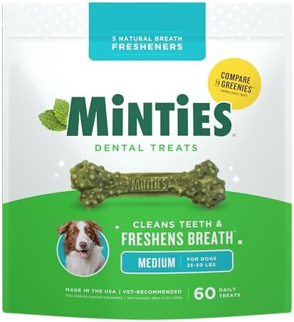 Minties Dental Chews for Dogs, 60 Count, Vet-Recommended Mint-Flavored Dental Dog Treats for Medium Dogs, Bones Clean Teeth, Fight Bad Breath, and Removes Plaque and Tartar
