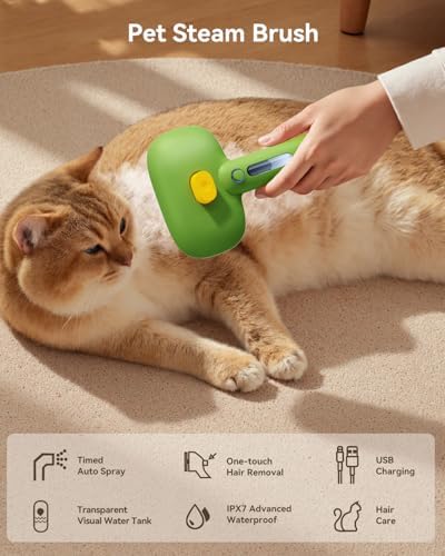 ROJECO 3-in-1 Pet Steam Brush,Spray Hair Removal Detangling Comb,Green