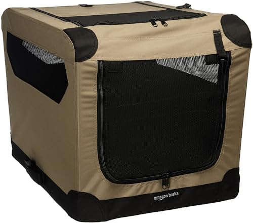 Amazon Basics Portable Folding Soft Dog Crate, 2-Door, Collapsible Travel Kennel, Top & Front Loading, Small 26" x 18" x 18", Tan