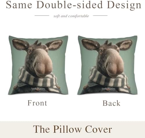 InkRain Winter Animal Cute Moose Pillow Cover 22x22 Inch Set of 2 Home Decor Decorative Cotton Linen Illustration Pillowcases for Living Room House Sofa