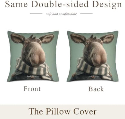InkRain Winter Animal Cute Moose Pillow Cover 22x22 Inch Set of 2 Home Decor Decorative Cotton Linen Illustration Pillowcases for Living Room House Sofa