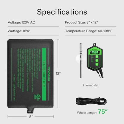 VIVOSUN Reptile Heating Pad 8x12 Inch with Thermostat Combo Under Tank Terrarium Heating Mat for Turtles, Lizards, Frogs, and Other Reptiles (Pack of 2)