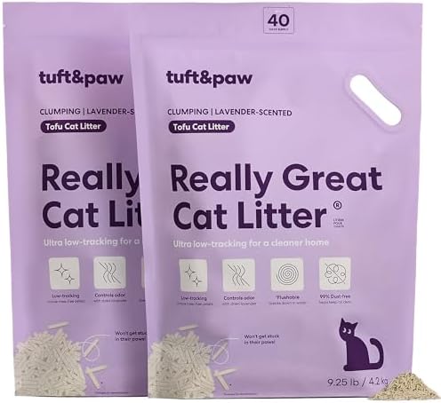 Tuft & Paw Really Great Cat Litter, Low Tracking Tofu Cat Litter, Clumping, Flushable, Odor Control, Dust-Free - 9.25lbs x 2Bags (Lavender Scented)