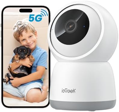ieGeek Indoor Camera, 2K Cameras for Home Security, 5G Security Camera Indoor, 360° Pet/Dog/Baby Camera with Phone App, AI Tracking, 2-Way Audio, Night Vision, 24/7 SD Card Storage, Alexa