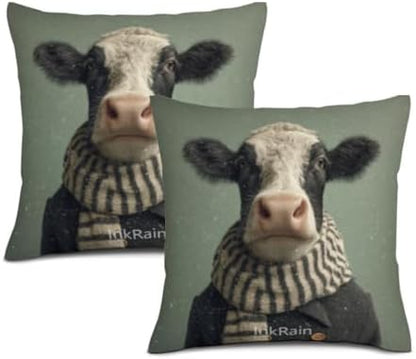 InkRain Winter Animal Cute Black and White Cow Pillow Cover 28x28 Inch Set of 2 Home Decor Decorative Cotton Linen Illustration Pillowcases for Living Room House Sofa