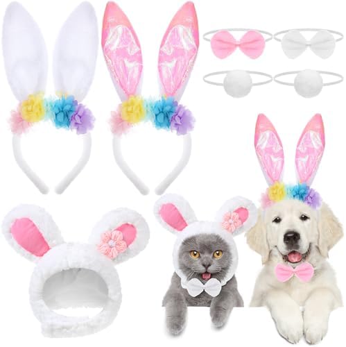 Weewooday 3 Set Dog Bunny Ears Easter Costume, Dog Headband Cat Rabbit Ear Hat Cute Pet Bow Collar Puppy Tail for Pet Easter Party Costume Accessories Supplies(Flower)