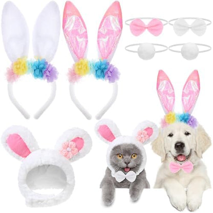 Weewooday 3 Set Dog Bunny Ears Easter Costume, Dog Headband Cat Rabbit Ear Hat Cute Pet Bow Collar Puppy Tail for Pet Easter Party Costume Accessories Supplies(Flower)