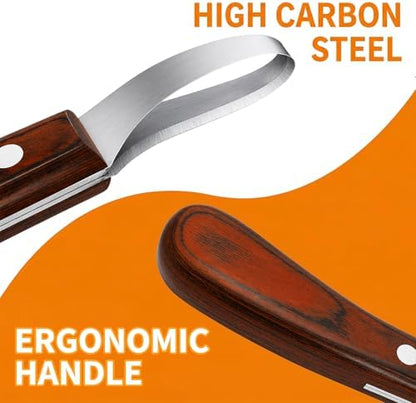 ZENFUN Hoof Knife with Sharpener, Double Edged Hoof Trimming Knife with Wooden Handle & 400/1000 Diamond Grit Rod, 8 Inch Farrier Tool Kit, Stainless Steel Blade Hoof Knife for Horses, Cattle Care