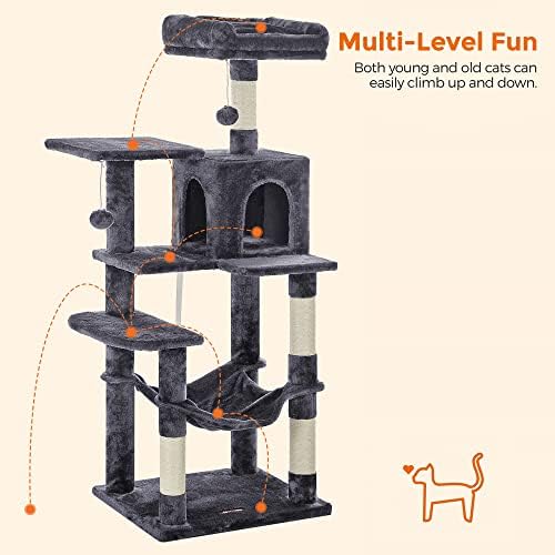 Feandrea Cat Tree, 54.2-Inch Cat Tower, Multi-Level Condo, Smoky Gray