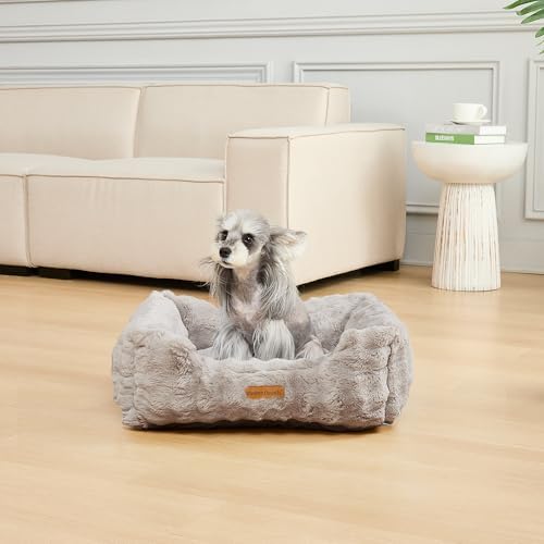 Modern Threads Brushed Long Pile Rabbit Fur Cuddler Dog Bed, Bolstered Supportive Sides, Calming Nest Design, Removable Washable Cover, Bed for Small to Medium Dogs, Stone, (24" L x 20" W x 8" Th)