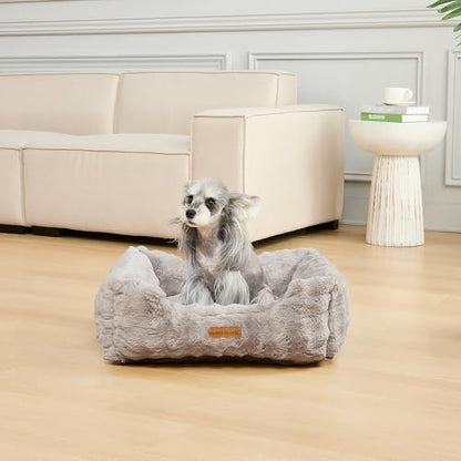 Modern Threads Brushed Long Pile Rabbit Fur Cuddler Dog Bed, Bolstered Supportive Sides, Calming Nest Design, Removable Washable Cover, Bed for Small to Medium Dogs, Stone, (24" L x 20" W x 8" Th)