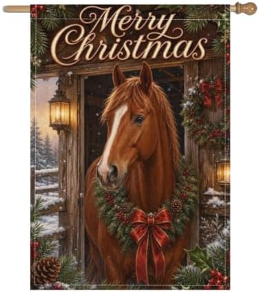 Merry Christmas House Flag 28x40 Inch Chestnut Horse Pine Wreath Red Bow Snowy Stable Lantern Rustic Winter Outdoor Yard Lawn Front Porch Welcome Double Sided Banner Decor