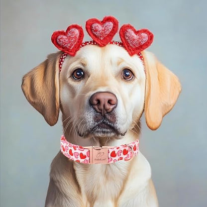 Valentines Dog Collar, Pink Heart Print Girl Dog Collars, Cute Valentine Puppy Collars, Adjustable Heavy Duty Pet Collar for Small Medium Large Dogs with Metal Buckle XL