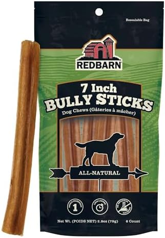 Redbarn Premium Bully Sticks for Dogs - 7 Inch, 6 Count - Long Lasting, Rawhide-Free, Slow Roasted, Low Odor & Highly Digestible, Single Ingredient Chews & All-Natural Dental Treats for Chewers