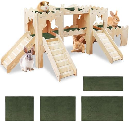 Extra Large Wooden Rabbit Castle Hideaway Tunnel and Bed Small Animal Hideaway Hut Solid Safe Construction Play Hideaway Hut for Rabbit Guinea Pig Chinchilla