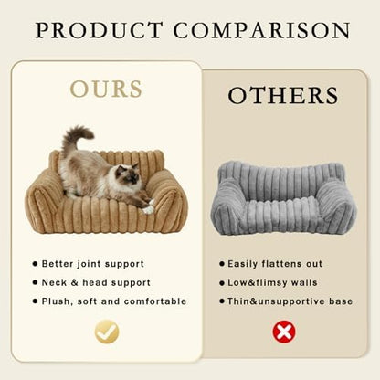 Cat Couch Bed for Small Cats & Indoor Cats, Square Cat Bed and Pet Sofa for Small/Medium Dogs - Removable Washable Dog Bed Cover (Brown, Small)